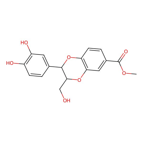 2D Structure of Methyl 2-(3,4-dihydroxyphenyl)-3-(hydroxymethyl)-2,3-dihydro-1,4-benzodioxine-6-carboxylate