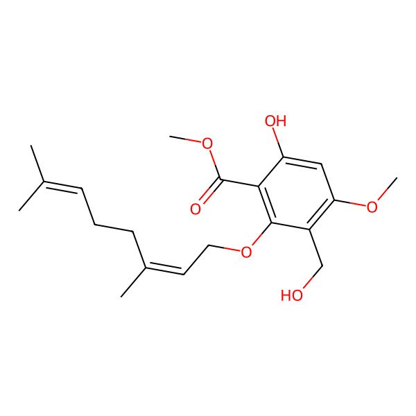 2D Structure of Methyl 2-(3,7-dimethylocta-2,6-dienoxy)-6-hydroxy-3-(hydroxymethyl)-4-methoxybenzoate