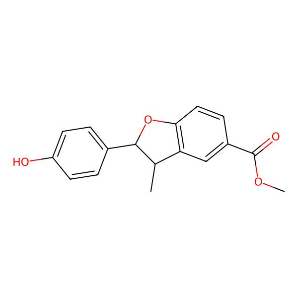 2D Structure of Methyl 2-(4-hydroxyphenyl)-3-methyl-2,3-dihydro-1-benzofuran-5-carboxylate