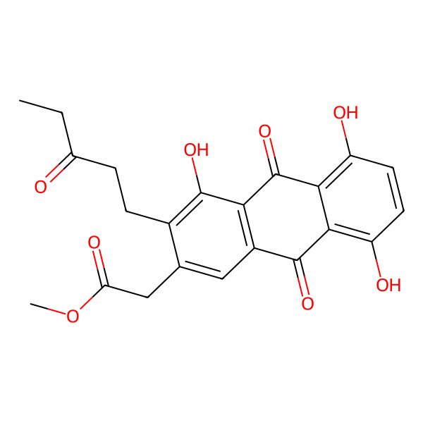 2D Structure of Methyl 2-[4,5,8-trihydroxy-9,10-dioxo-3-(3-oxopentyl)anthracen-2-yl]acetate
