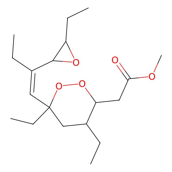2D Structure of Methyl 2-[4,6-diethyl-6-[2-(3-ethyloxiran-2-yl)but-1-enyl]dioxan-3-yl]acetate