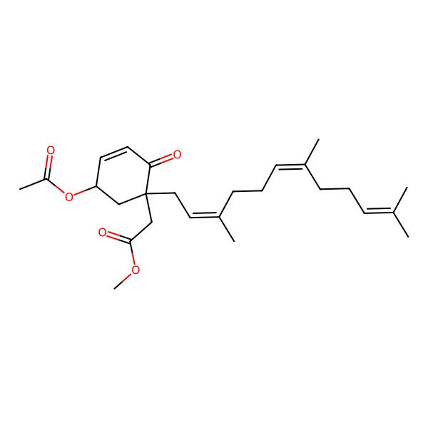 2D Structure of Methyl 2-[5-acetyloxy-2-oxo-1-(3,7,11-trimethyldodeca-2,6,10-trienyl)cyclohex-3-en-1-yl]acetate
