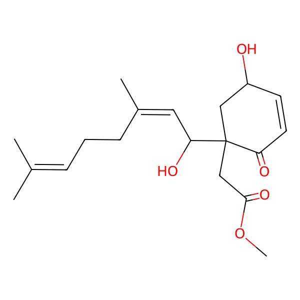 2D Structure of Methyl 2-[5-hydroxy-1-(1-hydroxy-3,7-dimethylocta-2,6-dienyl)-2-oxocyclohex-3-en-1-yl]acetate