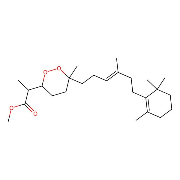 2D Structure of Methyl 2-[6-methyl-6-[4-methyl-6-(2,6,6-trimethylcyclohexen-1-yl)hex-3-enyl]dioxan-3-yl]propanoate