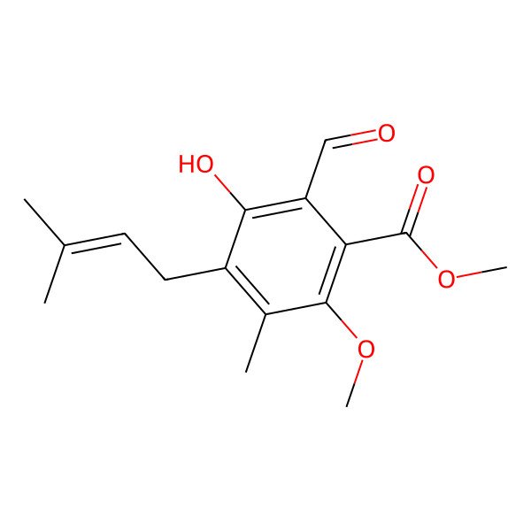 2D Structure of Methyl 2-formyl-3-hydroxy-6-methoxy-5-methyl-4-(3-methylbut-2-enyl)benzoate