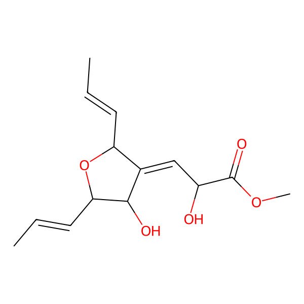 2D Structure of Methyl 2-hydroxy-3-[4-hydroxy-2,5-bis(prop-1-enyl)oxolan-3-ylidene]propanoate