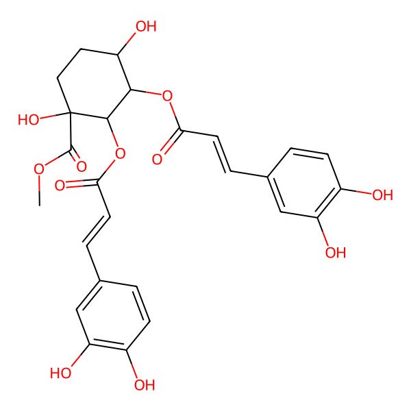 2D Structure of Methyl 2,3-bis[3-(3,4-dihydroxyphenyl)prop-2-enoyloxy]-1,4-dihydroxycyclohexane-1-carboxylate