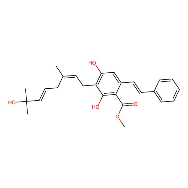 2D Structure of Methyl 2,4-dihydroxy-3-(7-hydroxy-3,7-dimethylocta-2,5-dienyl)-6-(2-phenylethenyl)benzoate 2D Structure of Methyl 2,4-dihydroxy-3-(7-hydroxy-3,7-dimethylocta-2,5-dienyl)-6-(2-phenylethenyl)benzoate