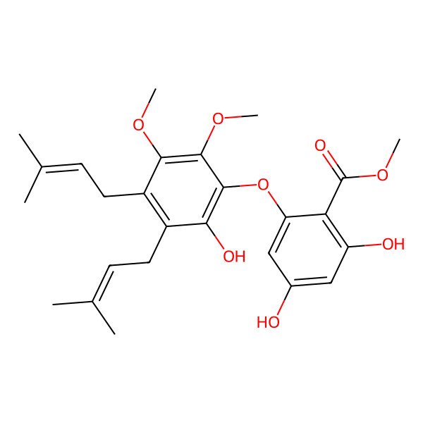 2D Structure of Methyl 2,4-dihydroxy-6-[2-hydroxy-5,6-dimethoxy-3,4-bis(3-methylbut-2-enyl)phenoxy]benzoate