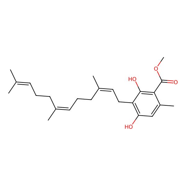 2D Structure of methyl 2,4-dihydroxy-6-methyl-3-[(2E,6E)-3,7,11-trimethyldodeca-2,6,10-trienyl]benzoate