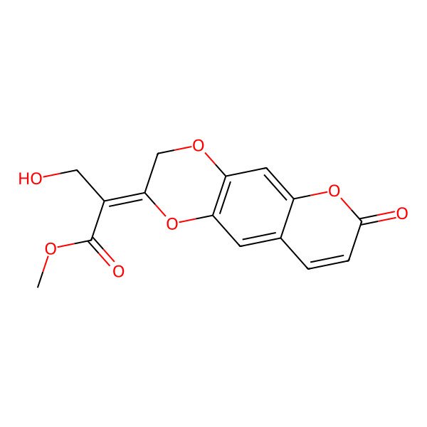 2D Structure of 3-Hydroxy-2-[(2e)-7-oxo-7h-pyrano[2,3-g]-1,4-benzodioxin-2(3h)-ylidene]propionic acid methyl ester