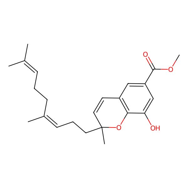 2D Structure of methyl (2R)-2-[(3E)-4,8-dimethylnona-3,7-dienyl]-8-hydroxy-2-methylchromene-6-carboxylate