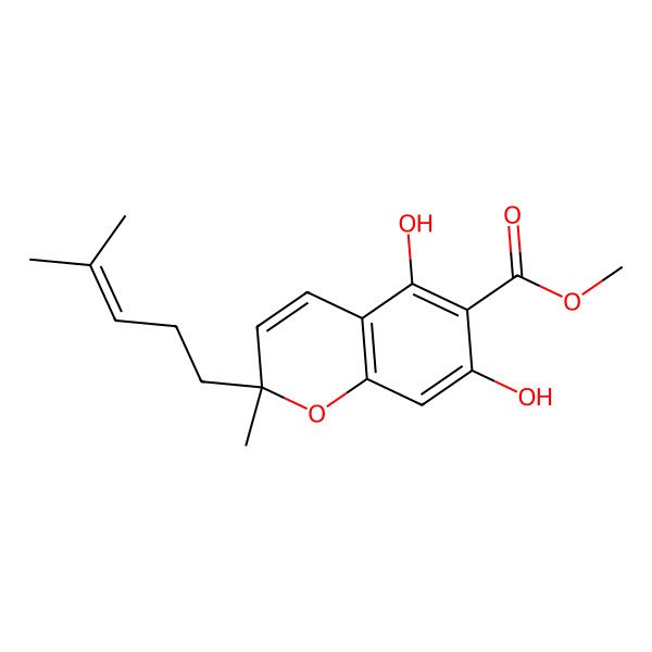 2D Structure of methyl (2R)-5,7-dihydroxy-2-methyl-2-(4-methylpent-3-enyl)chromene-6-carboxylate