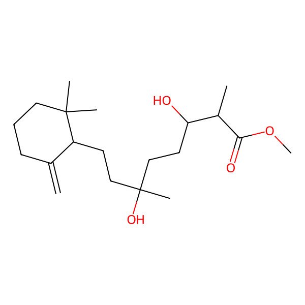2D Structure of methyl (2R,3R,6R)-8-[(1R)-2,2-dimethyl-6-methylidenecyclohexyl]-3,6-dihydroxy-2,6-dimethyloctanoate
