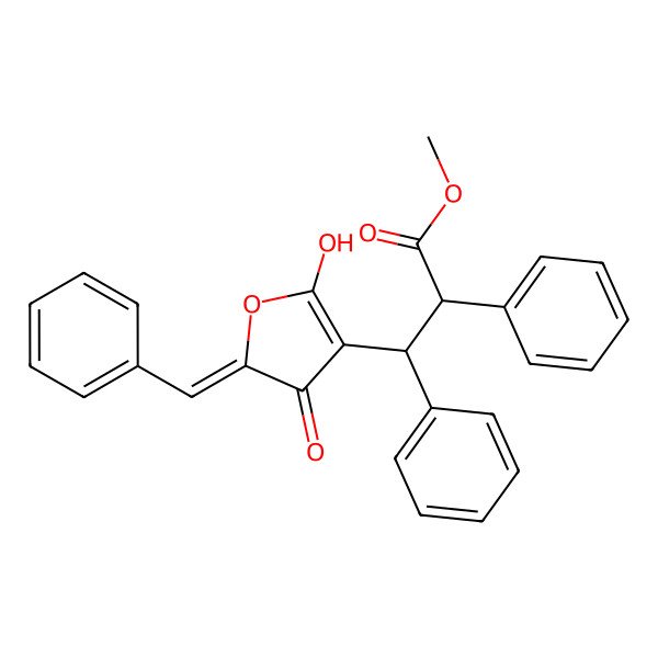 2D Structure of methyl (2R,3S)-3-[(5Z)-5-benzylidene-2-hydroxy-4-oxofuran-3-yl]-2,3-diphenylpropanoate