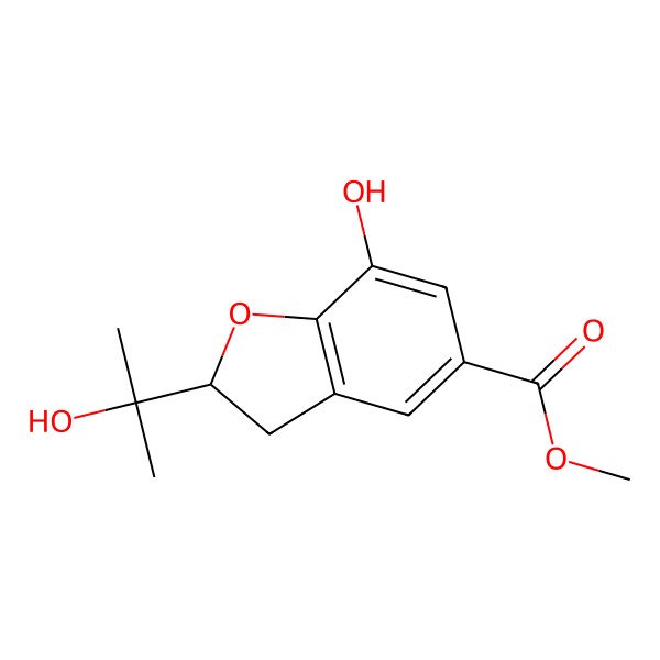 2D Structure of methyl (2S)-7-hydroxy-2-(2-hydroxypropan-2-yl)-2,3-dihydro-1-benzofuran-5-carboxylate 2D Structure of methyl (2S)-7-hydroxy-2-(2-hydroxypropan-2-yl)-2,3-dihydro-1-benzofuran-5-carboxylate