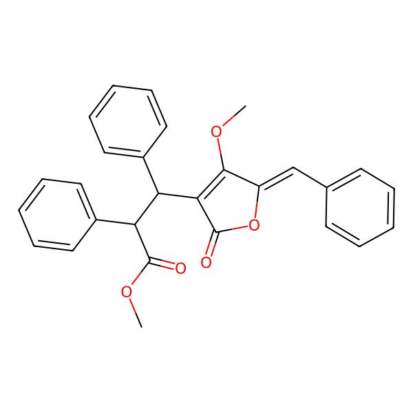 2D Structure of methyl (2S,3R)-3-[(5E)-5-benzylidene-4-methoxy-2-oxofuran-3-yl]-2,3-diphenylpropanoate