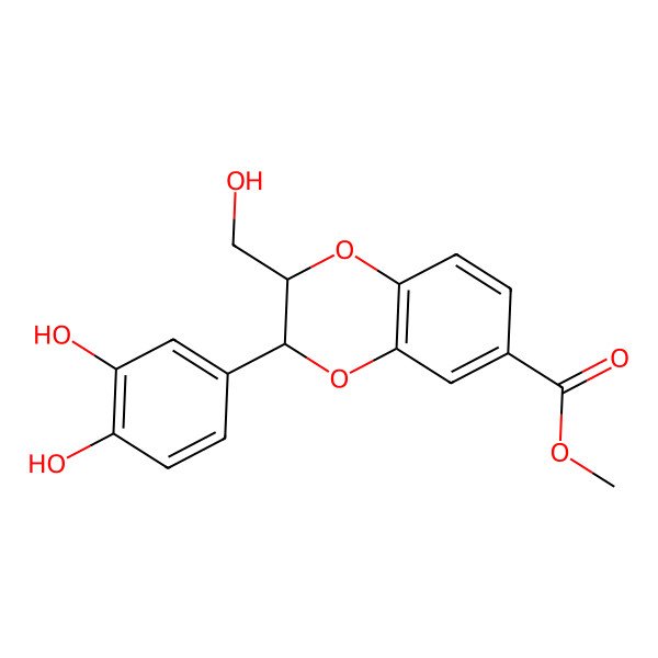 2D Structure of methyl (2S,3S)-3-(3,4-dihydroxyphenyl)-2-(hydroxymethyl)-2,3-dihydro-1,4-benzodioxine-6-carboxylate
