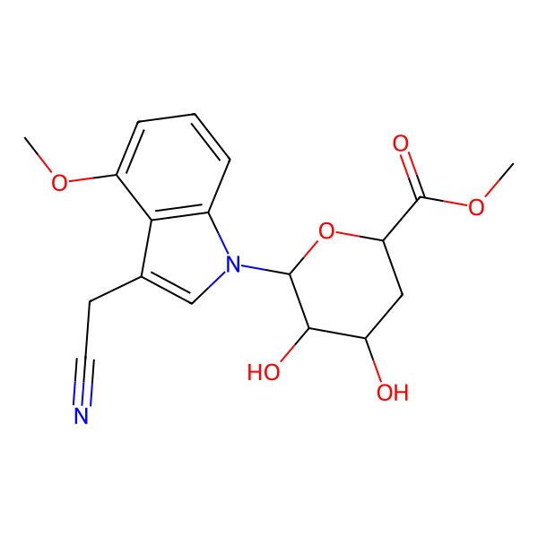 2D Structure of methyl (2S,4R,5S,6S)-6-[3-(cyanomethyl)-4-methoxyindol-1-yl]-4,5-dihydroxyoxane-2-carboxylate