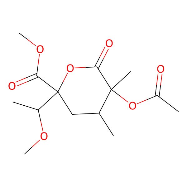 2D Structure of methyl (2S,4S,5R)-5-acetyloxy-2-[(1R)-1-methoxyethyl]-4,5-dimethyl-6-oxooxane-2-carboxylate