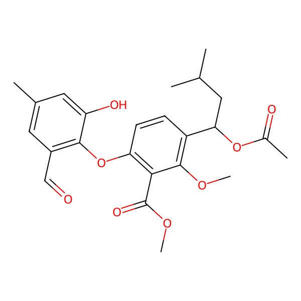 2D Structure of Methyl 3-(1-acetyloxy-3-methylbutyl)-6-(2-formyl-6-hydroxy-4-methylphenoxy)-2-methoxybenzoate