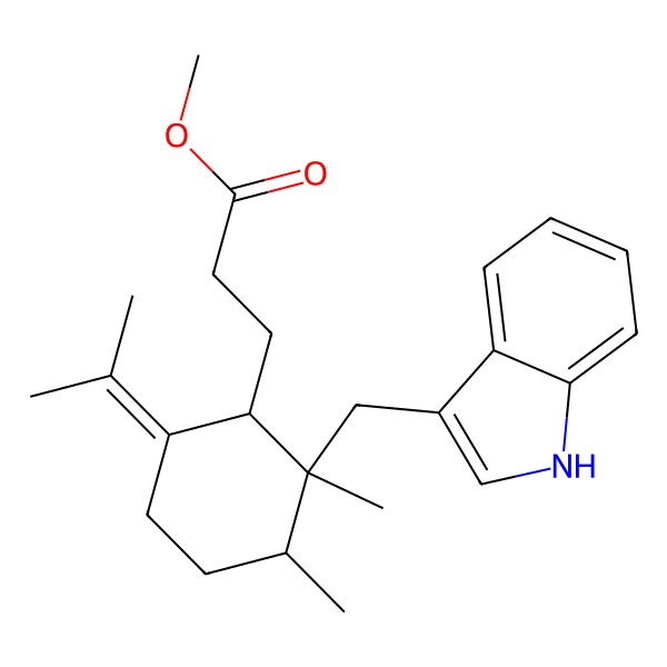 2D Structure of methyl 3-[(1S,2R,3R)-2-(1H-indol-3-ylmethyl)-2,3-dimethyl-6-propan-2-ylidenecyclohexyl]propanoate