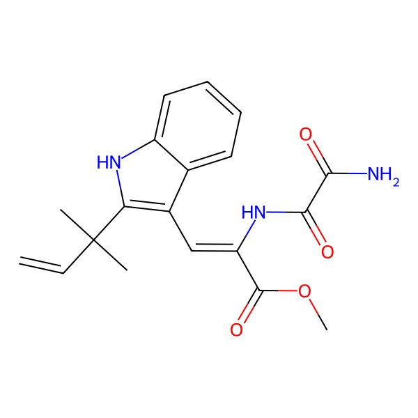 2D Structure of methyl 3-[2-(2-methylbut-3-en-2-yl)-1H-indol-3-yl]-2-(oxamoylamino)prop-2-enoate