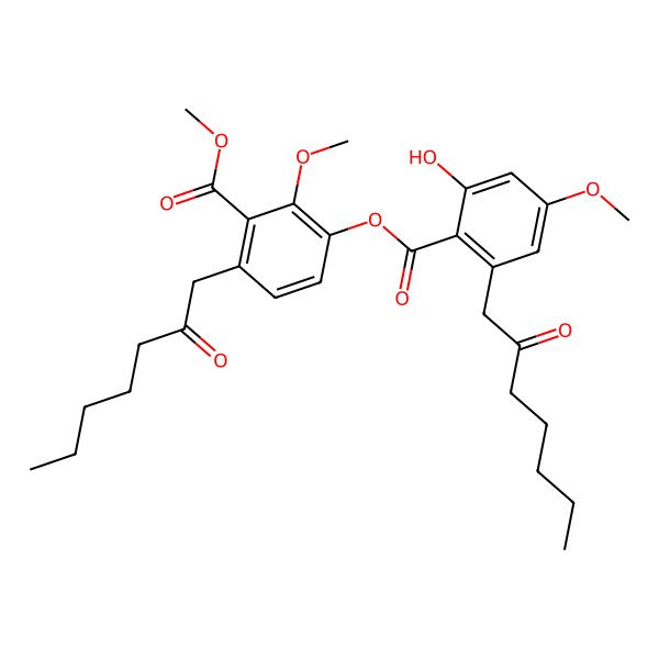 2D Structure of Methyl 3-[2-hydroxy-4-methoxy-6-(2-oxoheptyl)benzoyl]oxy-2-methoxy-6-(2-oxoheptyl)benzoate