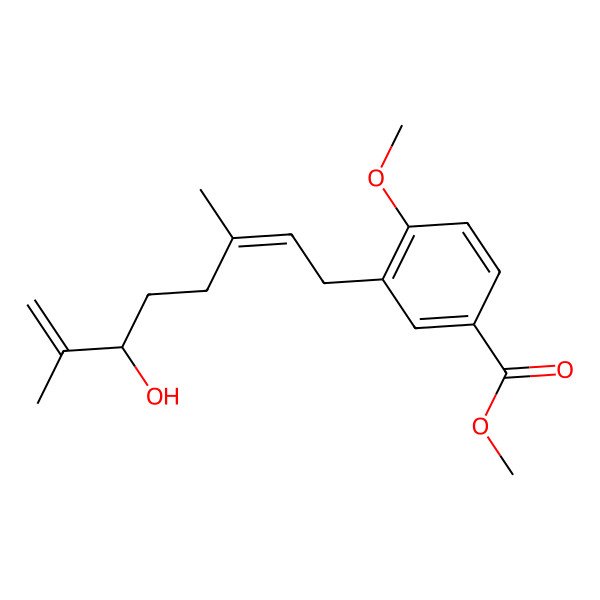 2D Structure of methyl 3-[(2E,6R)-6-hydroxy-3,7-dimethylocta-2,7-dienyl]-4-methoxybenzoate