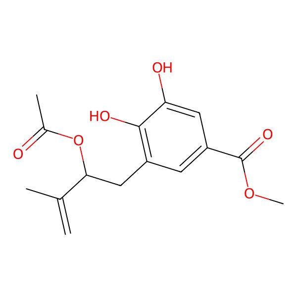 2D Structure of methyl 3-[(2R)-2-acetyloxy-3-methylbut-3-enyl]-4,5-dihydroxybenzoate