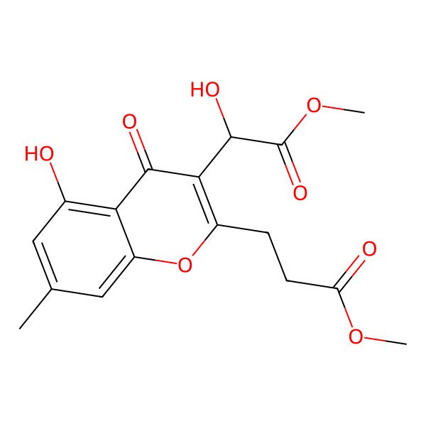 2D Structure of Methyl 3-[5-hydroxy-3-(1-hydroxy-2-methoxy-2-oxoethyl)-7-methyl-4-oxochromen-2-yl]propanoate