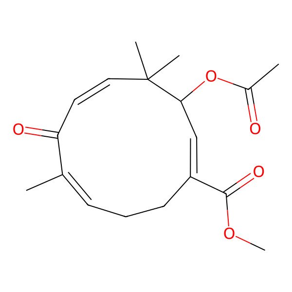 2D Structure of Methyl 3-acetyloxy-4,4,8-trimethyl-7-oxocycloundeca-1,5,8-triene-1-carboxylate 2D Structure of Methyl 3-acetyloxy-4,4,8-trimethyl-7-oxocycloundeca-1,5,8-triene-1-carboxylate