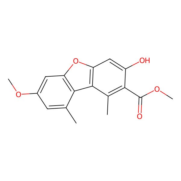2D Structure of Methyl 3-hydroxy-7-methoxy-1,9-dimethyldibenzofuran-2-carboxylate