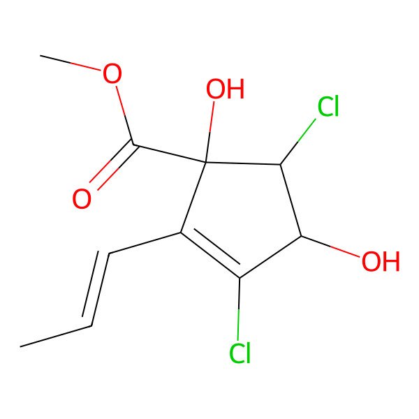 2D Structure of Methyl 3,5-dichloro-1,4-dihydroxy-2-prop-1-enylcyclopent-2-ene-1-carboxylate