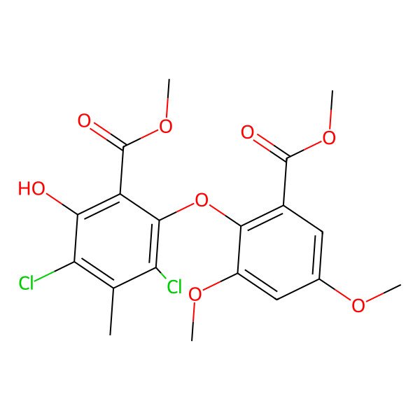 2D Structure of Methyl 3,5-dichloro-2-(2,4-dimethoxy-6-methoxycarbonylphenoxy)-6-hydroxy-4-methylbenzoate