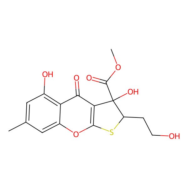 2D Structure of methyl 3,5-dihydroxy-2-(2-hydroxyethyl)-7-methyl-4-oxo-2H-thieno[2,3-b]chromene-3-carboxylate