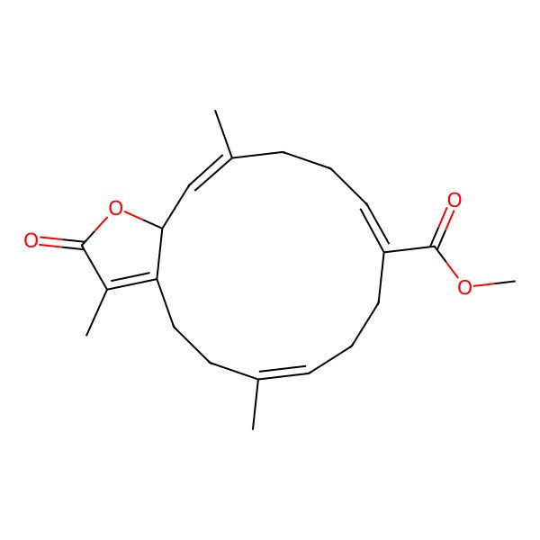 2D Structure of methyl 3,6,14-trimethyl-2-oxo-5,8,9,12,13,15a-hexahydro-4H-cyclotetradeca[b]furan-10-carboxylate