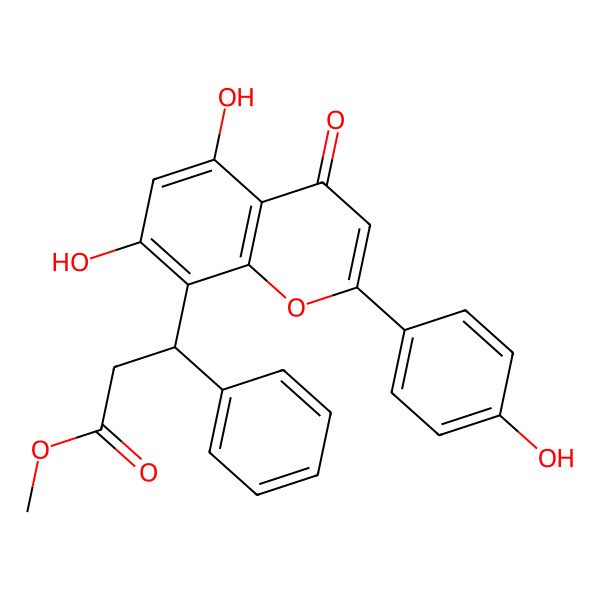 2D Structure of methyl (3R)-3-[5,7-dihydroxy-2-(4-hydroxyphenyl)-4-oxochromen-8-yl]-3-phenylpropanoate