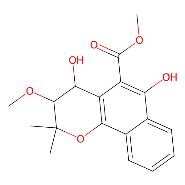 2D Structure of methyl (3S,4S)-4,6-dihydroxy-3-methoxy-2,2-dimethyl-3,4-dihydrobenzo[h]chromene-5-carboxylate