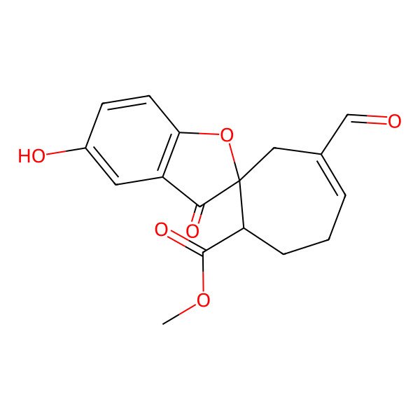 2D Structure of Methyl 4'-formyl-5-hydroxy-3-oxospiro[1-benzofuran-2,2'-cyclohept-4-ene]-1'-carboxylate