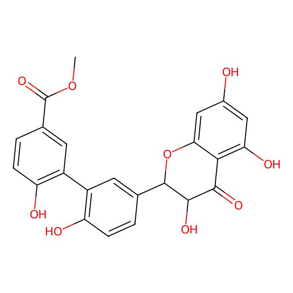 2D Structure of Methyl 4-hydroxy-3-[2-hydroxy-5-(3,5,7-trihydroxy-4-oxo-2,3-dihydrochromen-2-yl)phenyl]benzoate