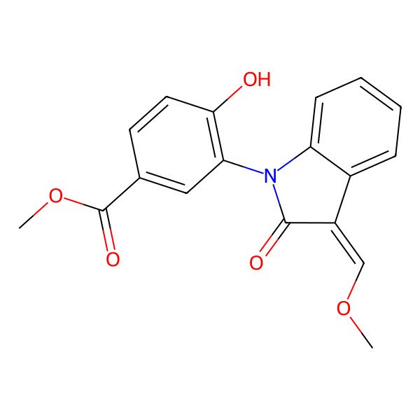 2D Structure of methyl 4-hydroxy-3-[(3E)-3-(methoxymethylidene)-2-oxoindol-1-yl]benzoate