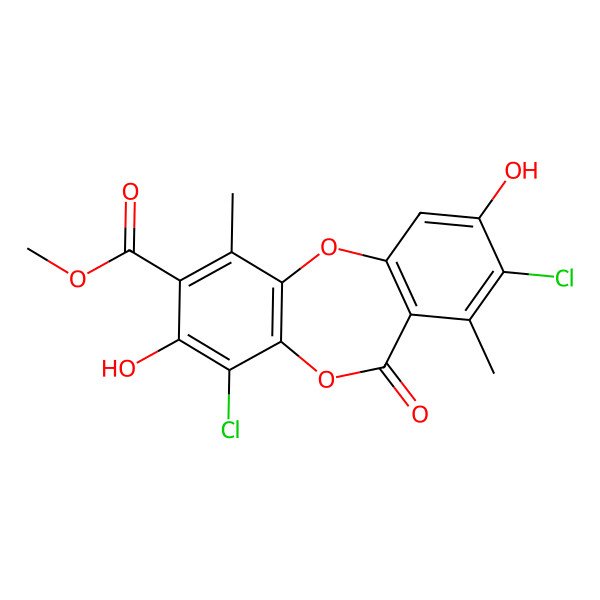 2D Structure of Methyl 4,8-dichloro-3,9-dihydroxy-1,7-dimethyl-6-oxobenzo[b][1,4]benzodioxepine-2-carboxylate