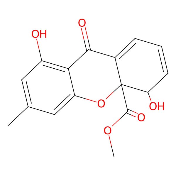 2D Structure of methyl 4,8-dihydroxy-6-methyl-9-oxo-4H-xanthene-4a-carboxylate