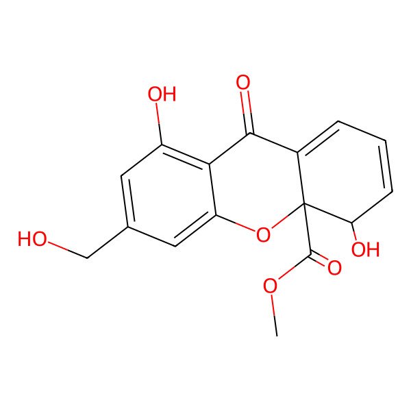 2D Structure of methyl (4R,4aS)-4,8-dihydroxy-6-(hydroxymethyl)-9-oxo-4,9-dihydro-4aH-xanthene-4a-carboxylate