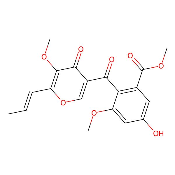 2D Structure of Methyl 5-hydroxy-3-methoxy-2-(5-methoxy-4-oxo-6-prop-1-enylpyran-3-carbonyl)benzoate