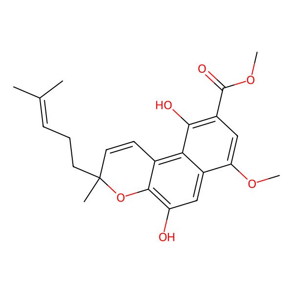 2D Structure of methyl-5,10-dihydroxy-7-methoxy-3-methyl-3-(4-methyl-3-pentenyl)-3H-benzo(f)chromene-9-carboxylate