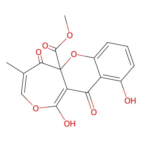 2D Structure of methyl (5aS)-1,10-dihydroxy-4-methyl-5,11-dioxooxepino[4,3-b]chromene-5a-carboxylate