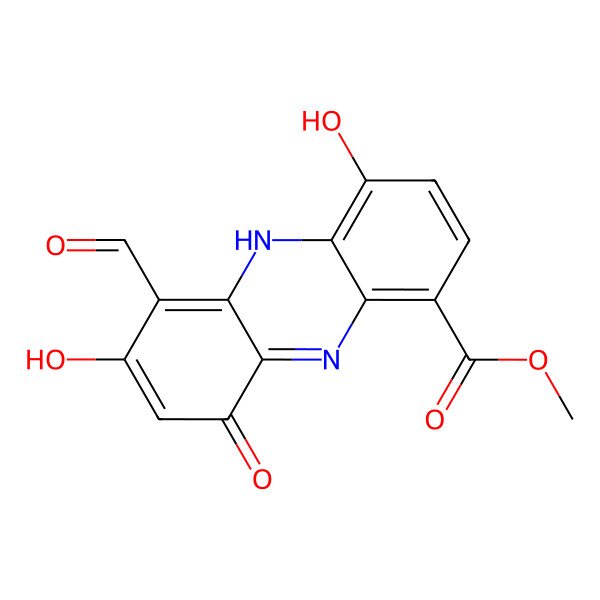 2D Structure of methyl 6-formyl-4,7-dihydroxy-9-oxo-5H-phenazine-1-carboxylate