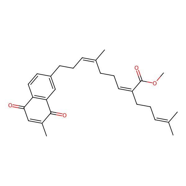 2D Structure of Methyl 6-methyl-9-(7-methyl-5,8-dioxonaphthalen-2-yl)-2-(4-methylpent-3-enyl)nona-2,6-dienoate